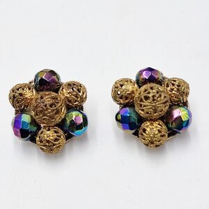 Vintage 50's AB/Oil Slick Rhinestone Cluster Clip Ornate Gold Tone Earrings